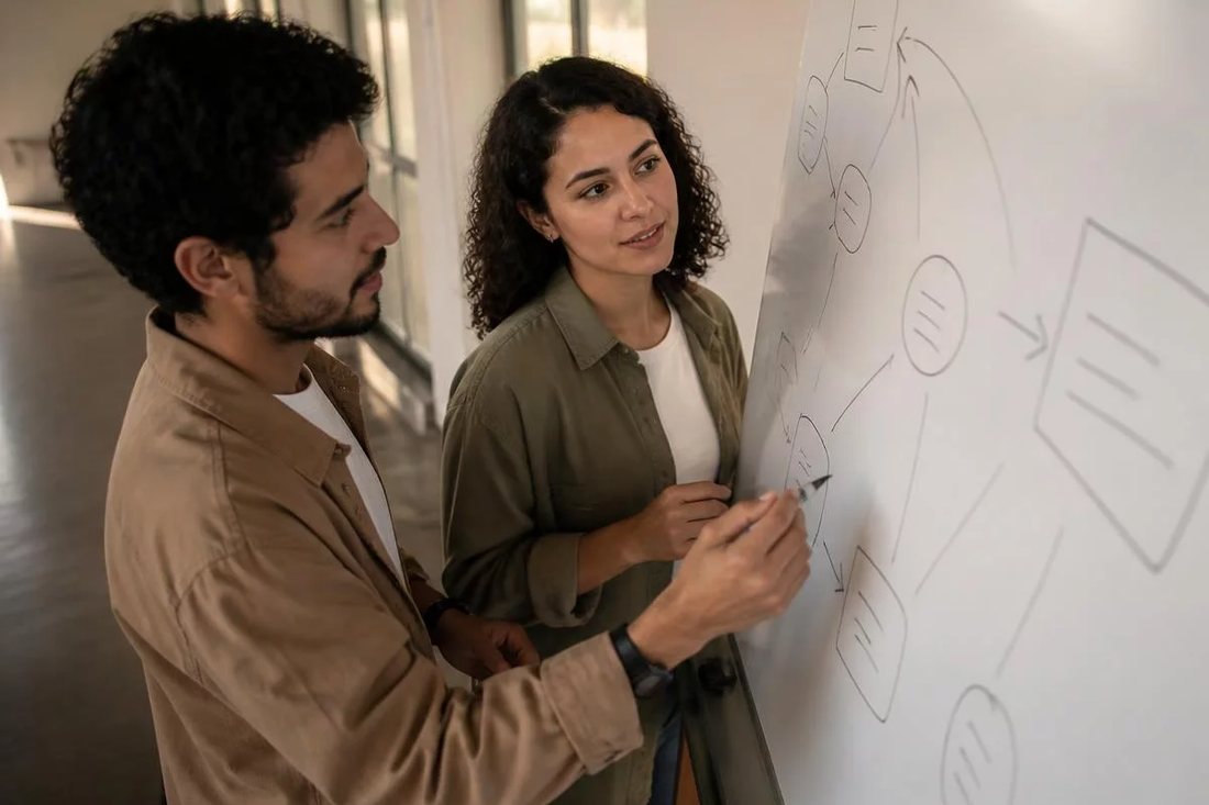 Facilitadora aponta para um mapa de argumento desenhado no quadro branco enquanto um participante acompanha
