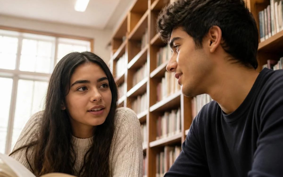 Três pessoas sentadas a uma mesa comprida, no meio de uma conversa numa sala de janelas altas