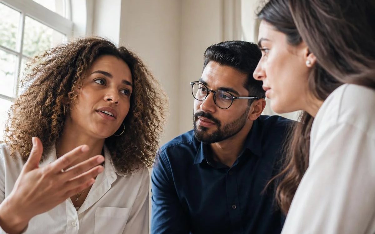 Roda de conversa numa sala clara, com uma pessoa expondo o ponto e duas escutando